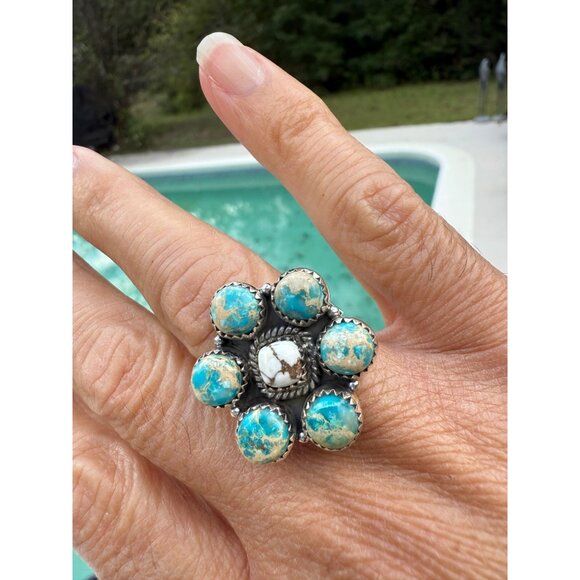 Artisan Sea Sediment Jasper Wild Horse turquoise SS 925 Statement cluster Ring - Picture 6 of 10